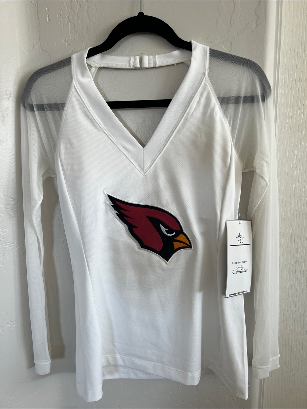 Arizona Cardinals White V-Neck Mesh Sleeve Women’s Top- embroidered application